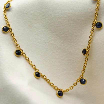 Blue Sapphire Charm Necklace and Bracelet, 925 Sterling Silver Chain Necklace, Bezel Necklace Bracelet Set, Adjustable Chain Necklace