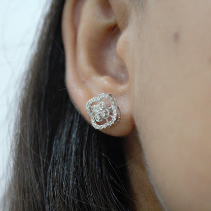 Solitaire Halo Diamond Jewelry Set, 18k White Gold Real Diamond Necklace with Earrings, Dainty Charm Pendant with Stud Earrings for Women