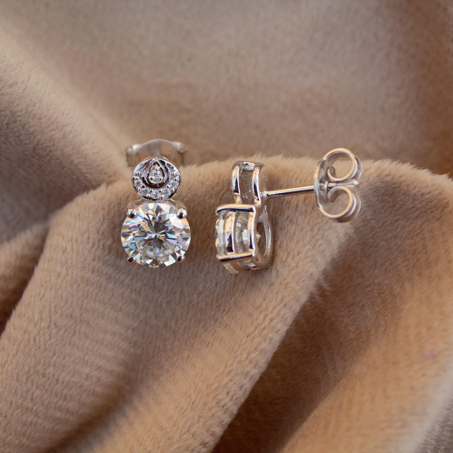 Statement Moissanite Stud Dangle Earrings, Round Cut White Stone Everyday Earrings, 925 Sterling Silver Push Back Earrings, Ready To Ship