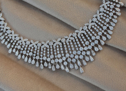 Statement Silver Necklace Set, Cubic Zirconia Choker Necklace With Earrings-Ring- Bracelet- Luxury Silver CZ Jewelry Set For Valentines Day