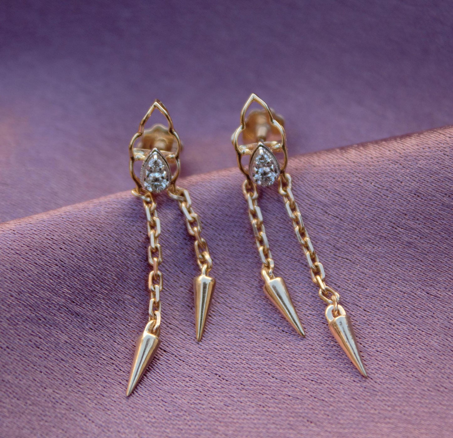 14K Solid Gold Chain Tassel Earrings, Designer Dangle Earrings for Her, Lightweight Real Diamond Gold Earrings, Anniversary Gift for Wife