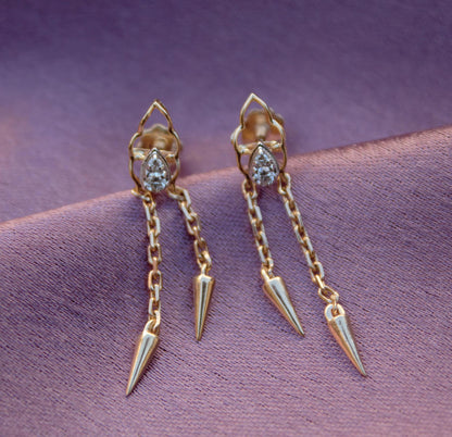 14K Solid Gold Chain Tassel Earrings, Designer Dangle Earrings for Her, Lightweight Real Diamond Gold Earrings, Anniversary Gift for Wife