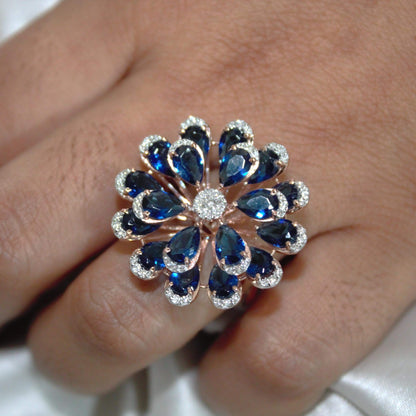 Blue Sapphire & Diamond Flower Ring, Handmade Solid Gold Solitaire Jewelry, Victorian Style Elegant Designer Floral Jewelry for Engagement