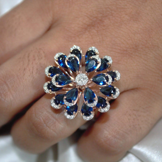 Blue Sapphire & Diamond Flower Ring, Handmade Solid Gold Solitaire Jewelry, Victorian Style Elegant Designer Floral Jewelry for Engagement