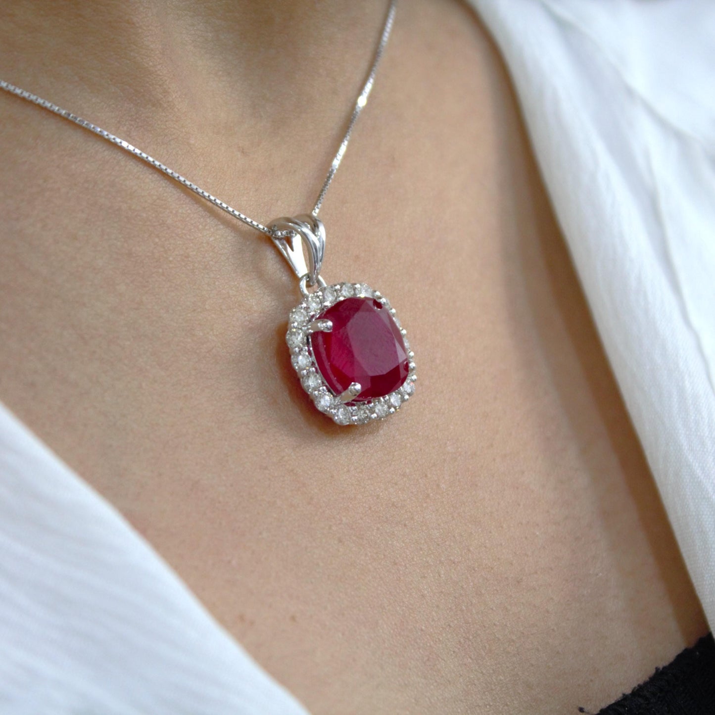 Cushion Ruby with Natural Diamond Jewelry Set, Solitaire Halo Pendant with Stud Earrings, 18k White Gold Jewelry, Engagement Gift for Bride