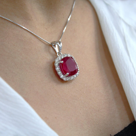 Cushion Ruby with Natural Diamond Jewelry Set, Solitaire Halo Pendant with Stud Earrings, 18k White Gold Jewelry, Engagement Gift for Bride