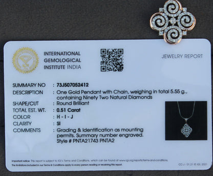 Natural Diamond Gold Jewelry Set, Light Weight Diamond Jewelry, H-I-J Color Diamonds, IGI Certified 18K Gold Chain with Pendant Earrings Set