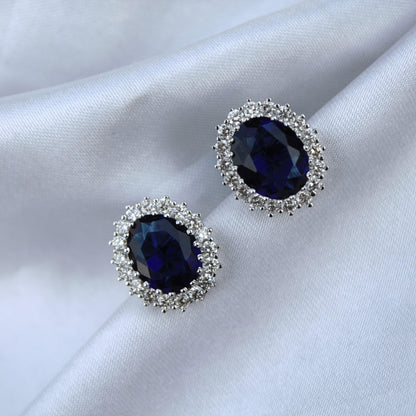 Oval Blue Sapphire with Natural Diamond Jewelry Set, Solitaire Halo Pendant with Stud Earrings, 18k White Gold Jewelry Set Gift for Women