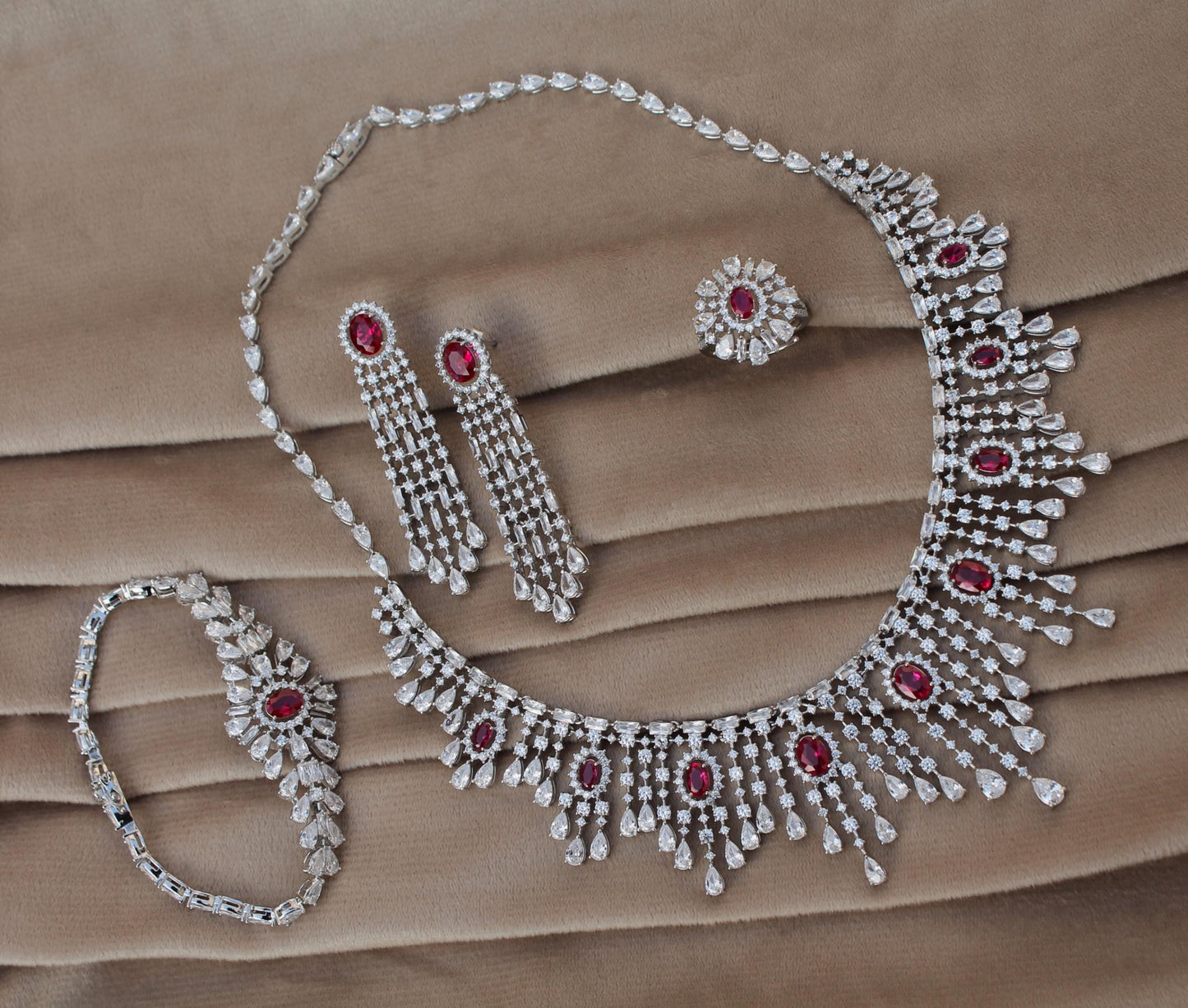 Cubic Zirconia Silver Wedding Jewelry Set, CZ with Synthetic Ruby Necklace Set, 925 Sterling Silver Victorian Necklace-Earring-Ring-Bracelet