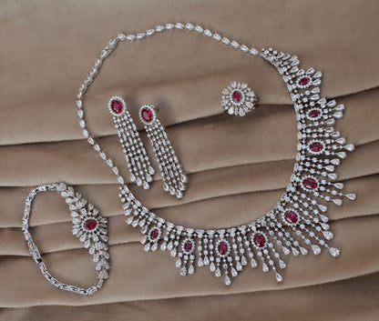 Cubic Zirconia Silver Wedding Jewelry Set, CZ with Synthetic Ruby Necklace Set, 925 Sterling Silver Victorian Necklace-Earring-Ring-Bracelet