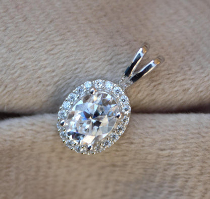 Oval Moissanite 925 Sterling Silver Halo Pendant, Minimalist Jewelry, Silver Dainty Pendant, Four Prong Pendant, Perfect Gift for Bridesmaid