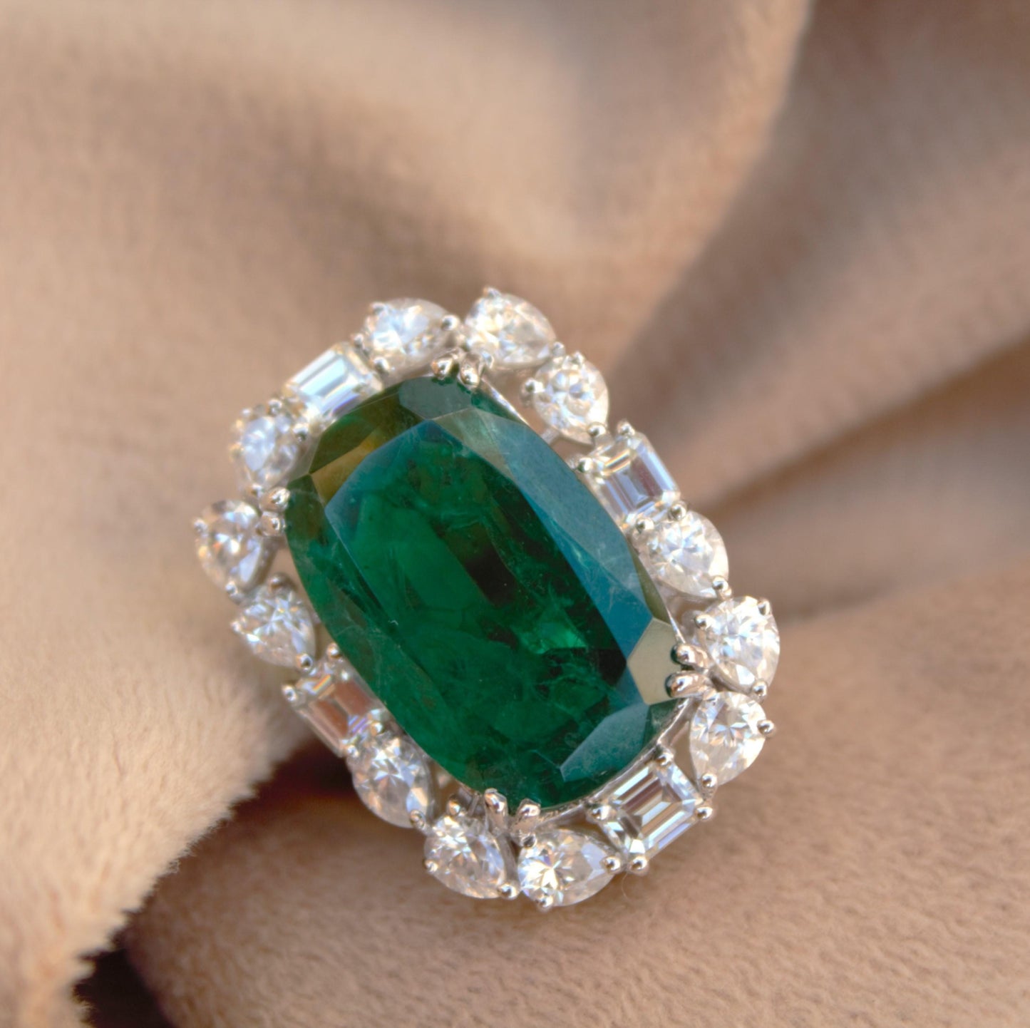 Elongate Cushion Emerald Inclusion with Moissanite Ring, Unique Ring for Men and Women, Green Gemstone Jewelry, Handmade Propose Ring Gift