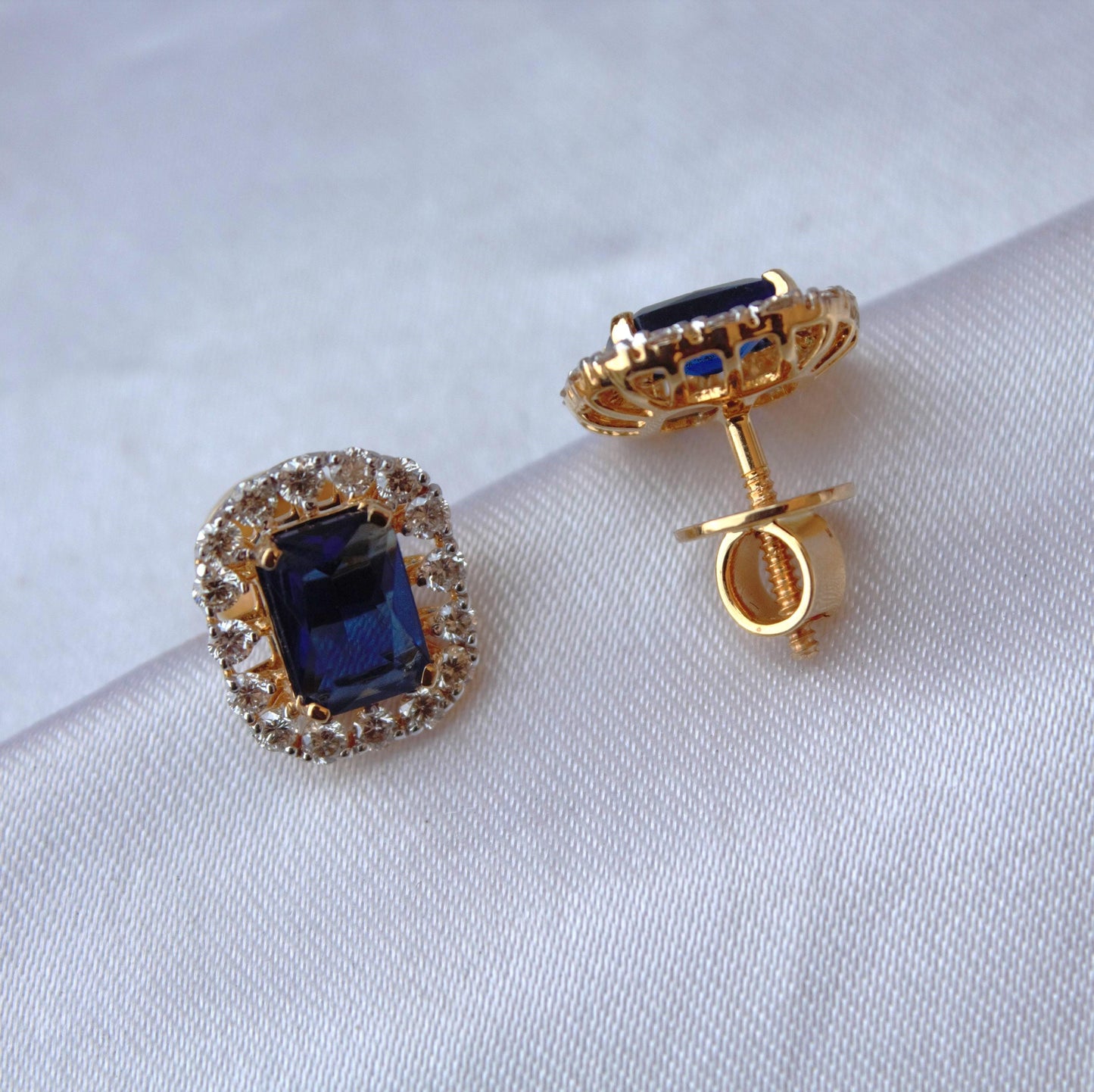 Emerald Cut Blue Sapphire with Real Diamonds Jewelry Set, Solitaire Halo Pendant with Stud Earrings, 18k Yellow Gold Jewelry Set for Bride