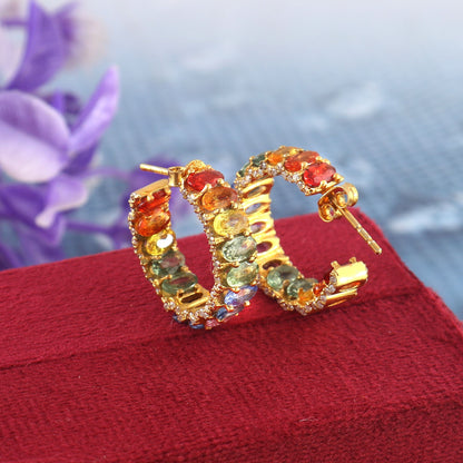 Rainbow Sapphire Hoop Earring, Natural Multi Sapphire & Moissanite Melee Stones Jewelry, Rainbow Ombre Gold Earring, Gradient Huggie Earring