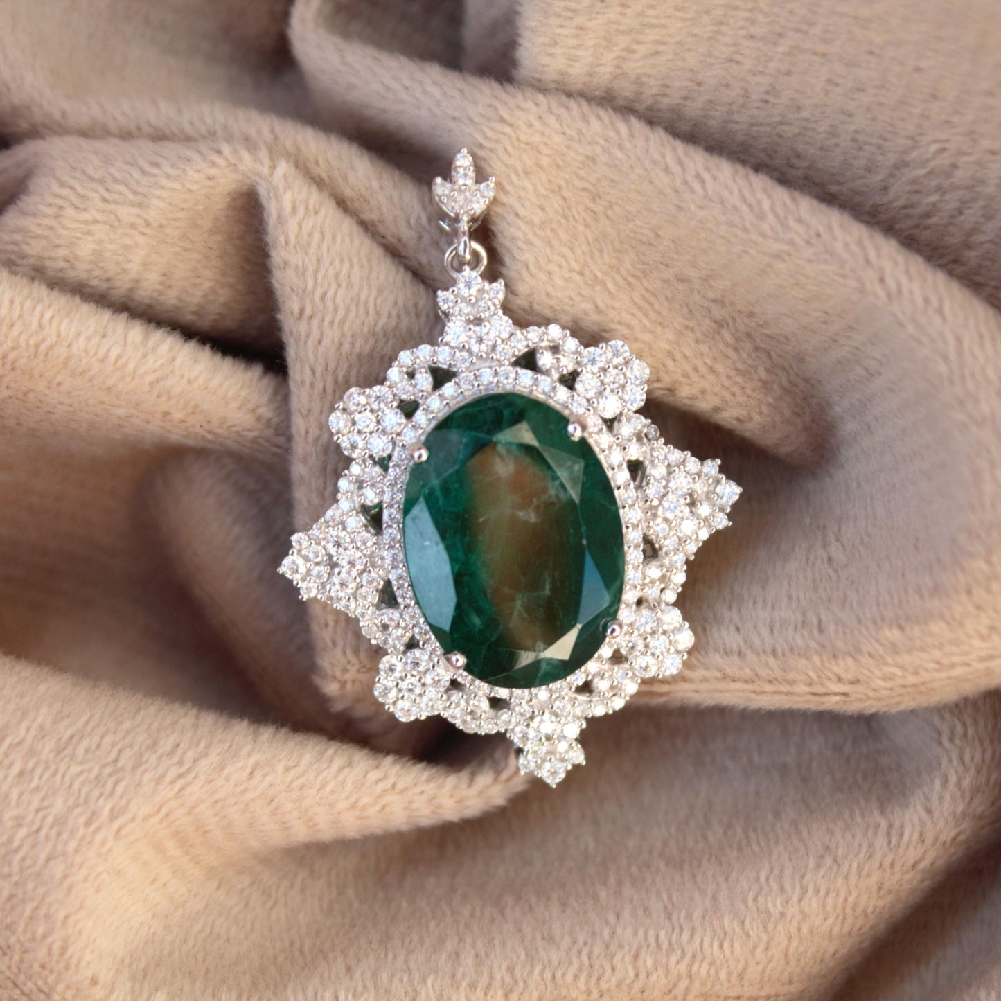 Moissanite & Green Inclusions Emerald Pendant for Gift, Designer Sterling Silver Pendant, 925 Silver Pendant for Chain, Victorian Jewelry