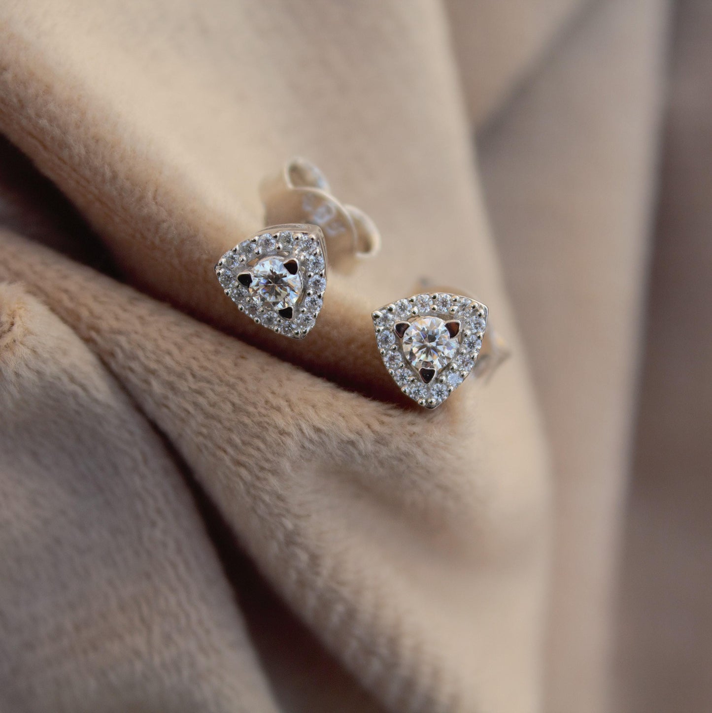 925 Sterling Silver Moissanite Stud Earrings, Trillion Shape Tiny Earrings for Girls, Round Cut Handmade Halo Earrings, Minimalist Studs