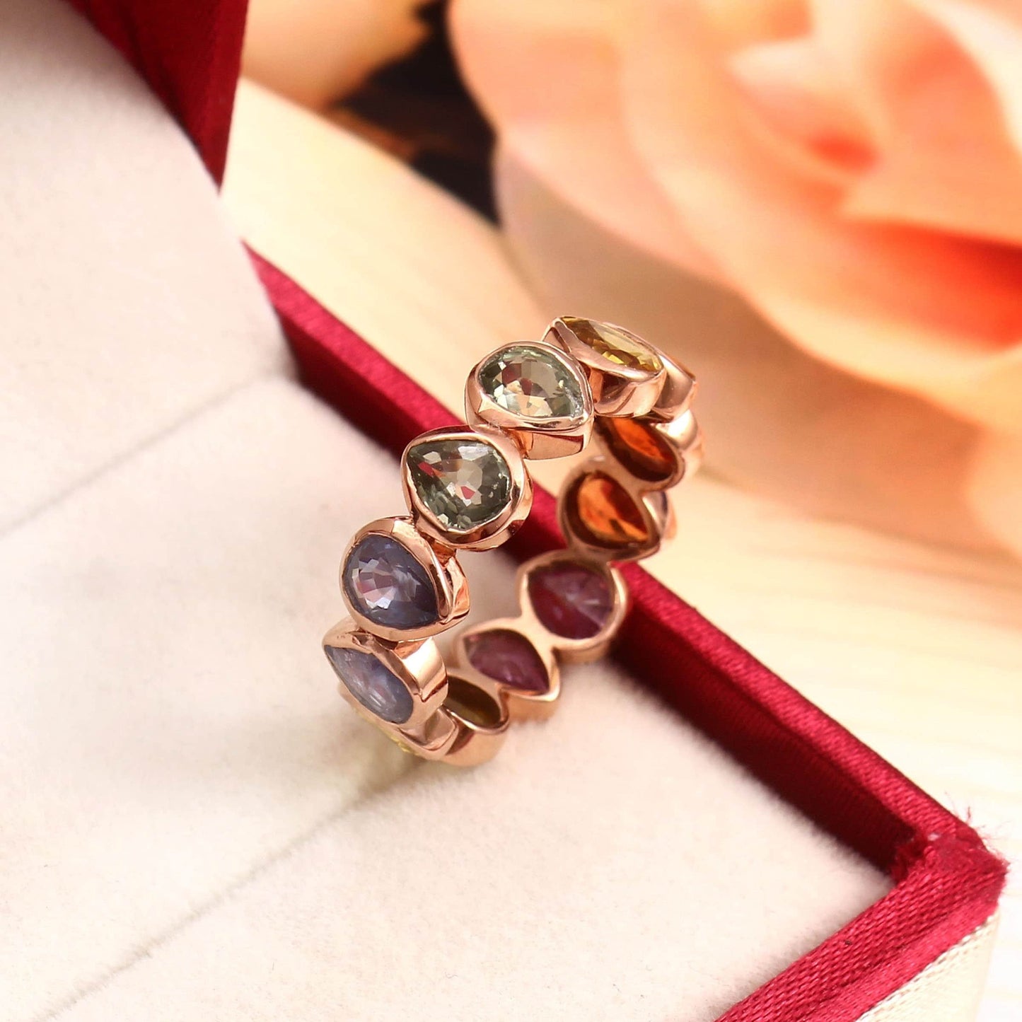 Natural Multi Sapphire Pear Band, Pear Bezel Setting Stones, Ombre Gradient Sapphire Ring, Pear Full Eternity Band Ring, Custom Order