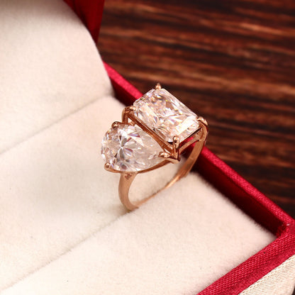 Double Stone Gold Moissanite Ring\ Prong Setting Ring\ Elegant Ethical Moissanite Jewelry\ Pear & Radiant toi et moi ring\ Two Stone Ring