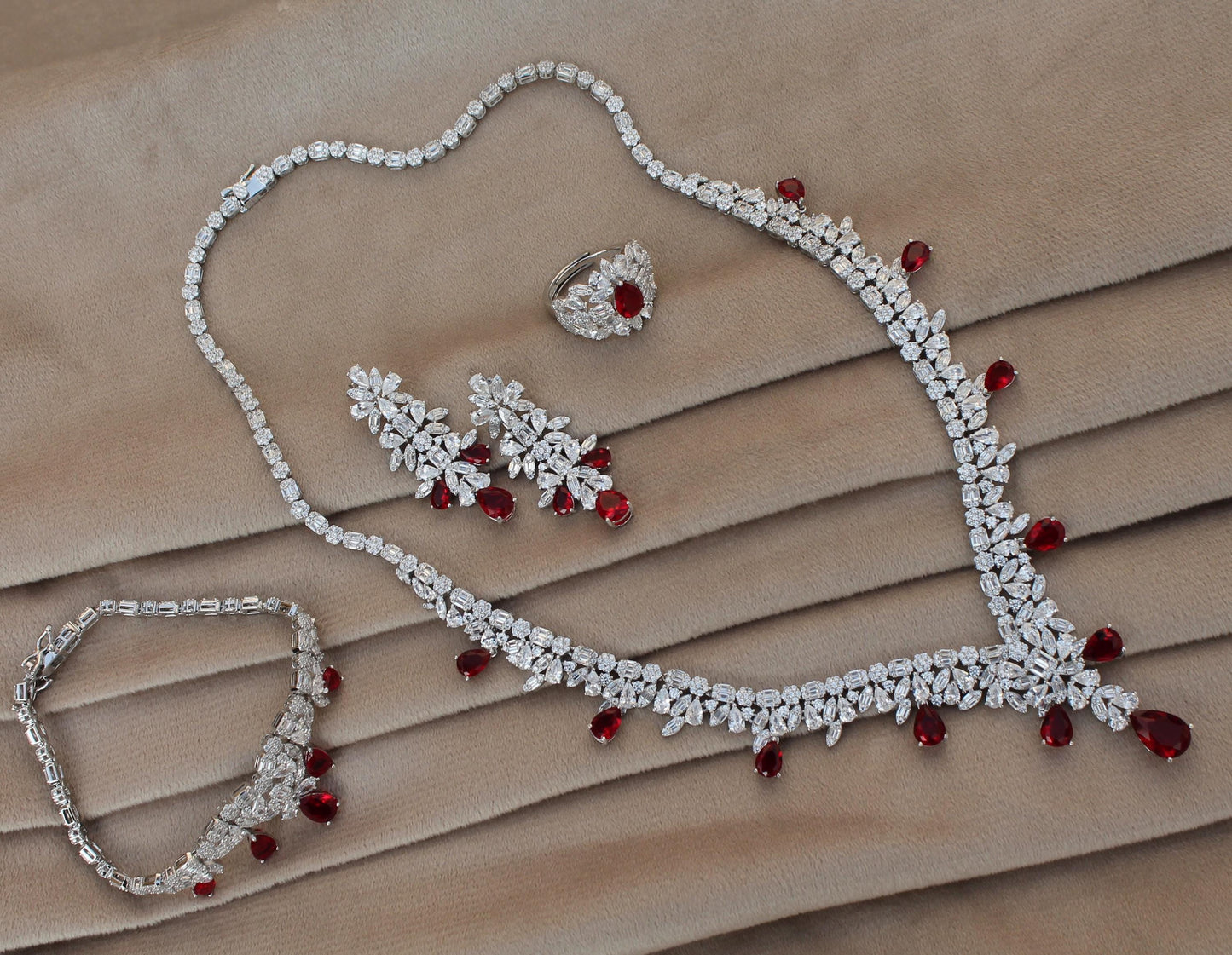 Silver CZ Jewelry Set, Designer Wedding Jewelry For Bride, 925 Sterling Silver Necklace-Earrings-Bracelet-Ring Set Gift For Valentines Day