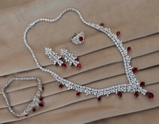 Silver CZ Jewelry Set, Designer Wedding Jewelry For Bride, 925 Sterling Silver Necklace-Earrings-Bracelet-Ring Set Gift For Valentines Day