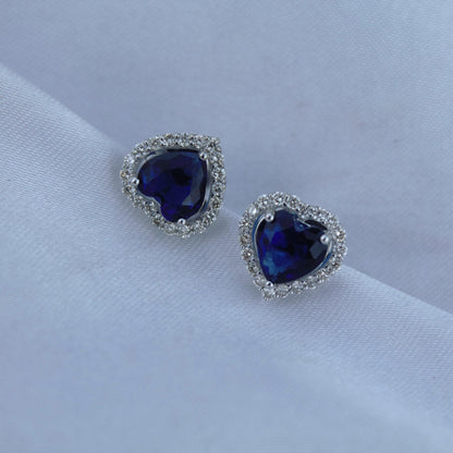 Heart Shape Blue Sapphire with Natural Diamond Jewelry Set, Solitaire Halo Pendant with Stud Earrings, 18k White Gold Jewelry Set for Girls