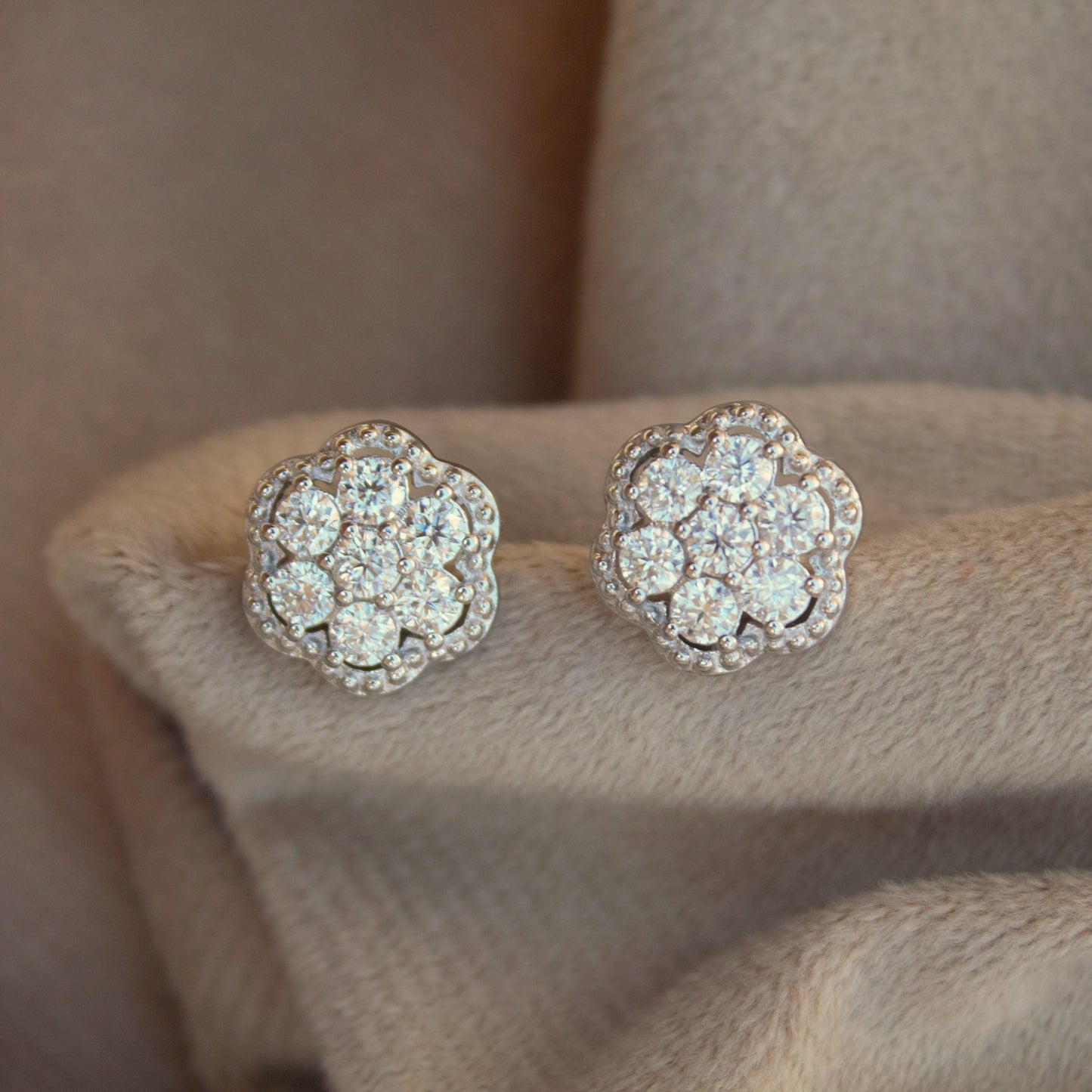 Silver Moissanite Flower Stud Earrings, Solitaire Halo Earrings, Floral Style Round Dainty Stud Earrings, Moissanite Diamond Tester Approved