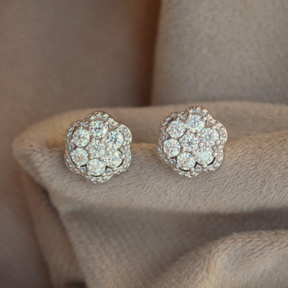 Silver Moissanite Flower Stud Earrings, Solitaire Halo Earrings, Floral Style Round Dainty Stud Earrings, Moissanite Diamond Tester Approved