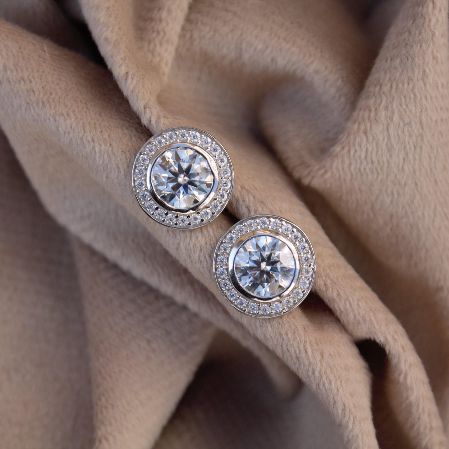 Silver Moissanite Stud Earrings for Her, Solitaire Halo Stud Earrings, Round Stone Earrings, Round Cut Earrings, 925 Sterling Silver Studs