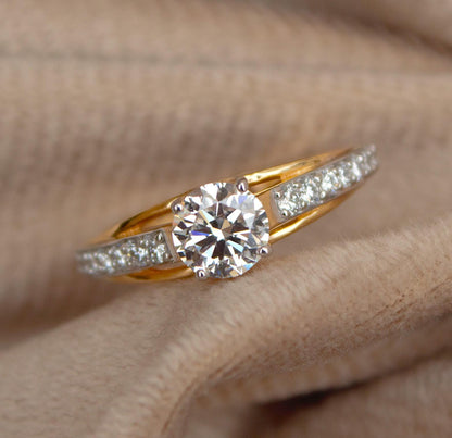 1 Carat Round Diamond Gold Ring, Solitaire Engagement Ring for Women, 14K Gold Ring, Handcrafted Ring, Customizable Anniversary Ring US 6.25