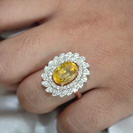 Real Gold Yellow Sapphire & Diamond Ring, Unique Cluster Engagement Ring, Real Gold Diamond Jewelry Fine Jewelry Gift for Women or Daughter