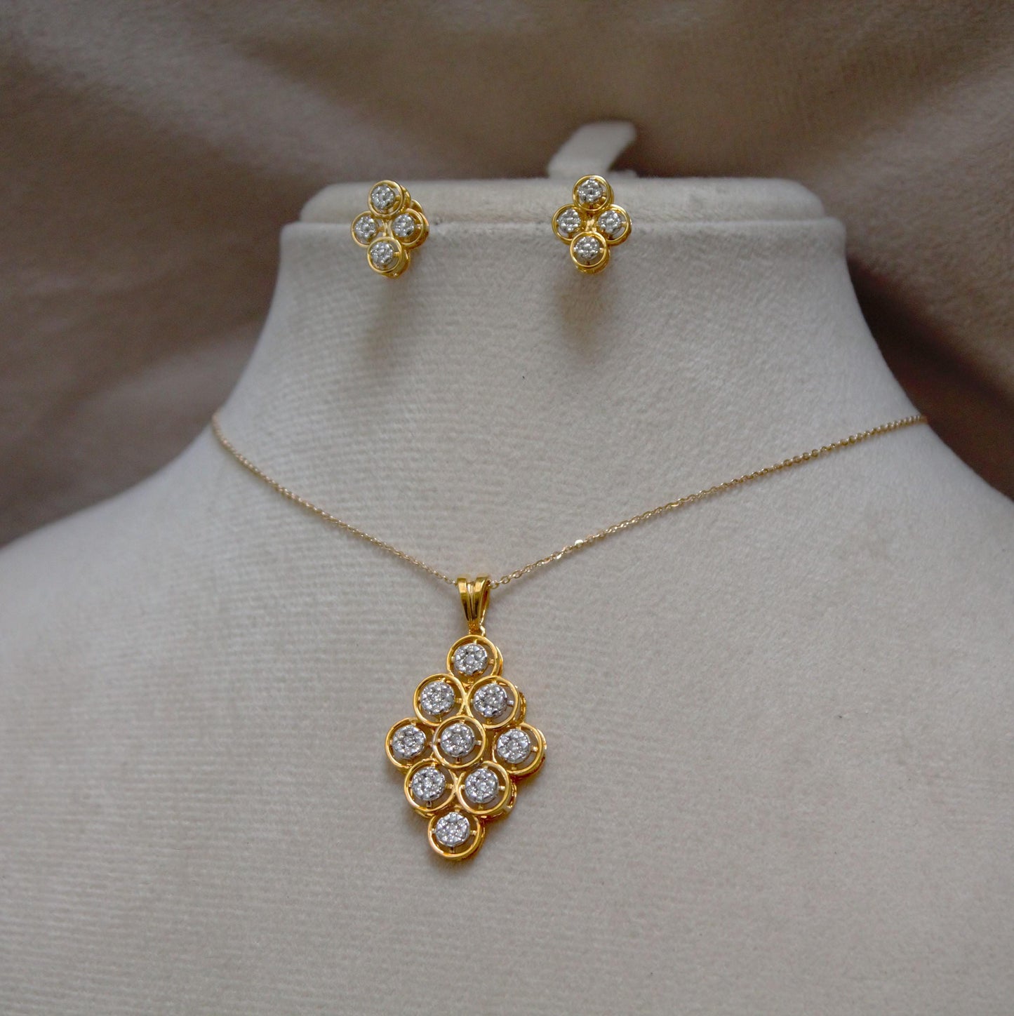 18k Gold Diamond Necklace Earring Set, Classic Handmade Bridal Jewelry Set, Designer Wedding Gift, Real Diamond Pendant with Stud Earrings