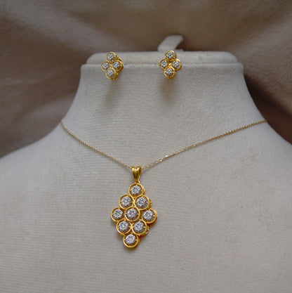 18k Gold Diamond Necklace Earring Set, Classic Handmade Bridal Jewelry Set, Designer Wedding Gift, Real Diamond Pendant with Stud Earrings