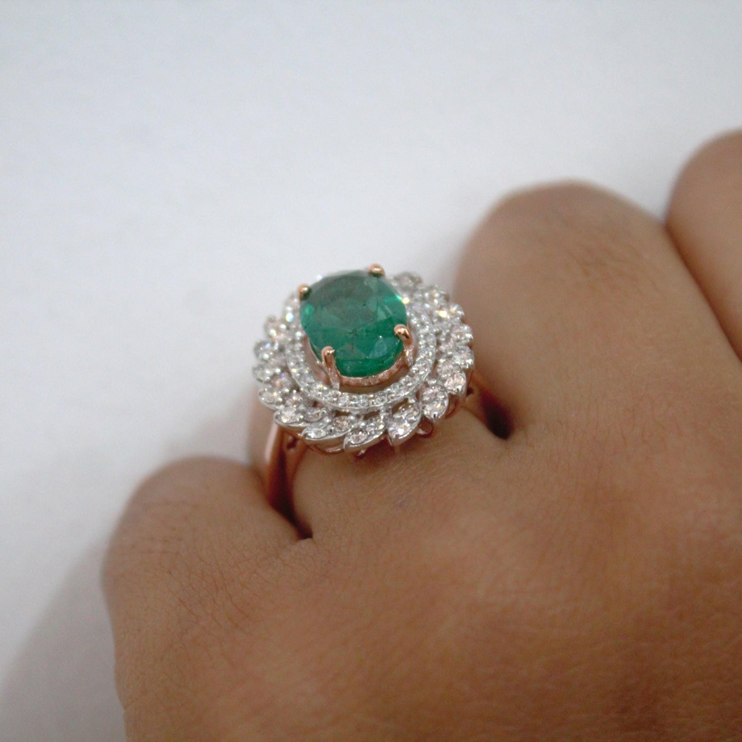 Natural Emerald with Natural Diamonds, Solid Rose Gold Ring for Birthday Gift, Elegant Real Diamond with Real Gold Ring