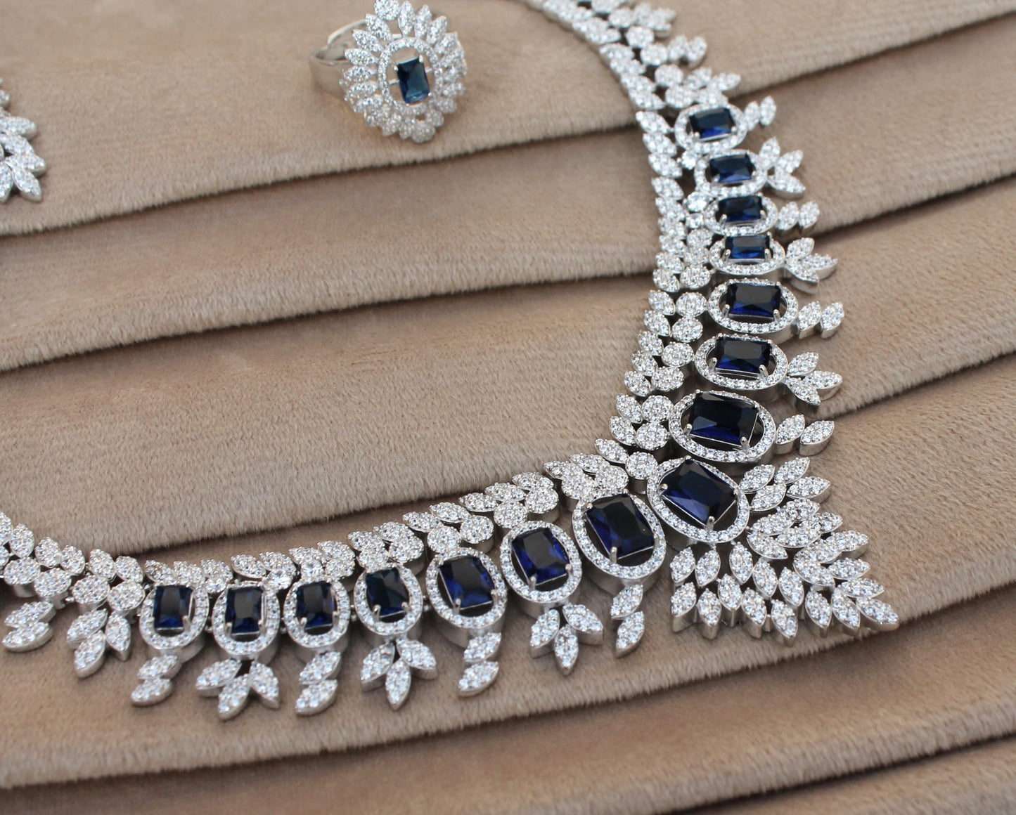 925 Sterling Silver CZ Jewelry Set, Synthetic Sapphire Choker Necklace Set for Women, Statement Bridal Necklace with Earrings-Ring-Bracelet