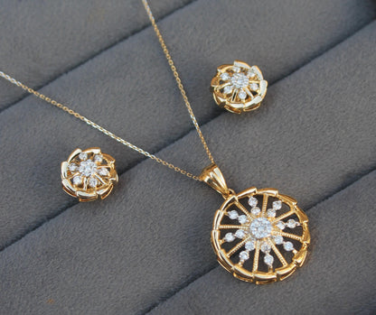Yellow Gold Round Diamond Pendant Earring, Ready To Ship, 18K Gold Diamond Jewelry, Beautiful Diamond Jewelry Set For Anniversary Gift