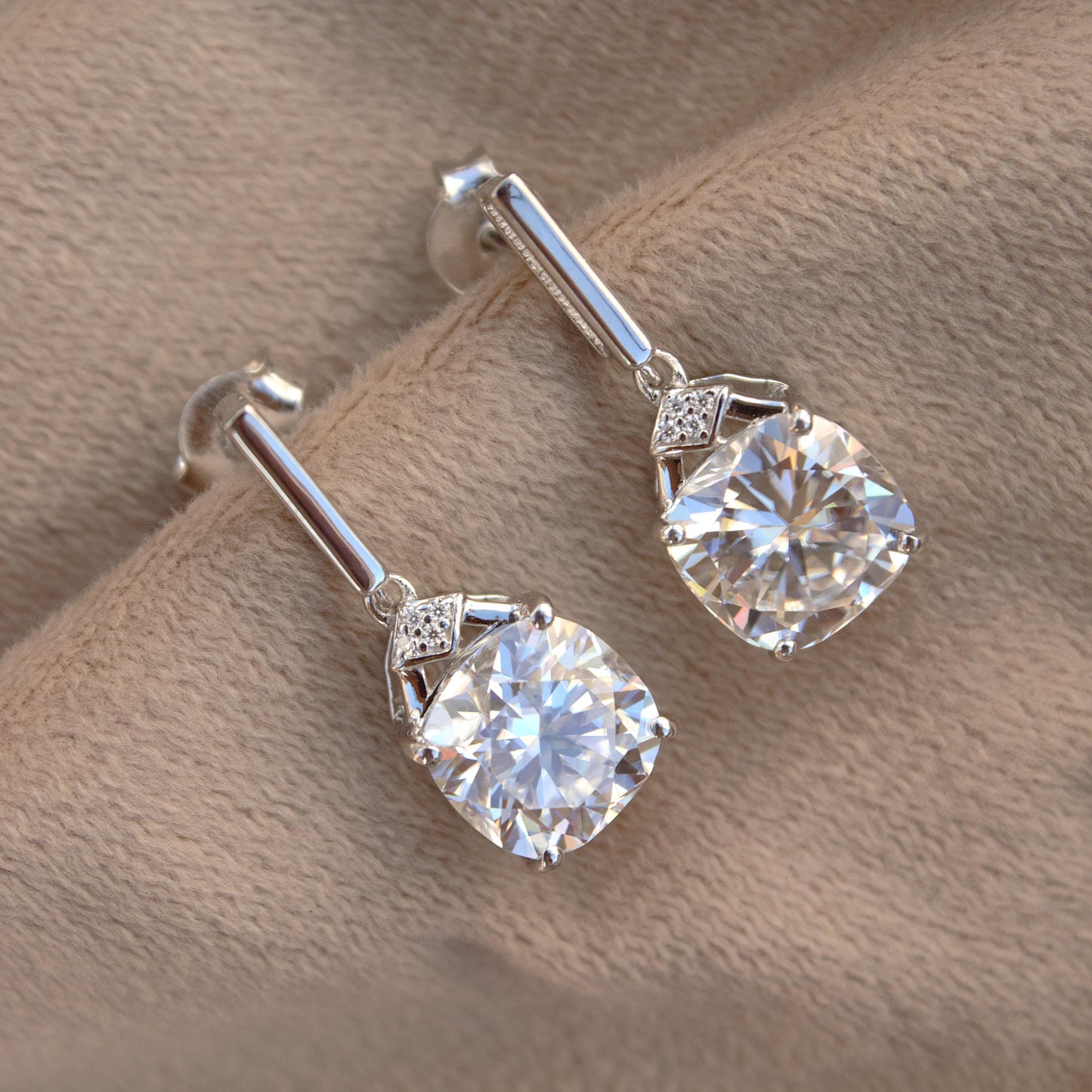 Solitaire Cushion Shape Dangle Earrings, Moissanite 925 Sterling Silver Earrings for Women, Vintage Handmade Earrings, Silver Gift for Wife