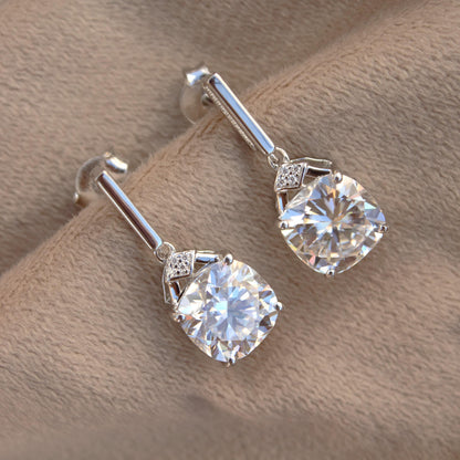 Solitaire Cushion Shape Dangle Earrings, Moissanite 925 Sterling Silver Earrings for Women, Vintage Handmade Earrings, Silver Gift for Wife
