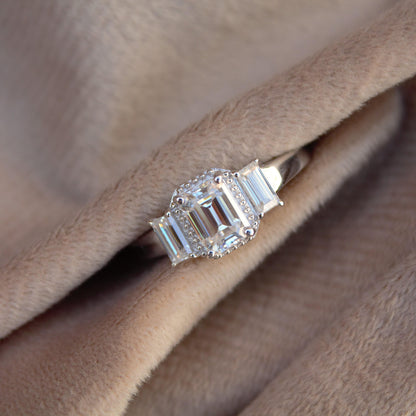 Luxurious Emerald Cut Moissanite Halo Engagement Ring, 925 Silver Ring, Art Deco Proposal Ring Gift, Romantic Proposal Ring or Birthday Gift