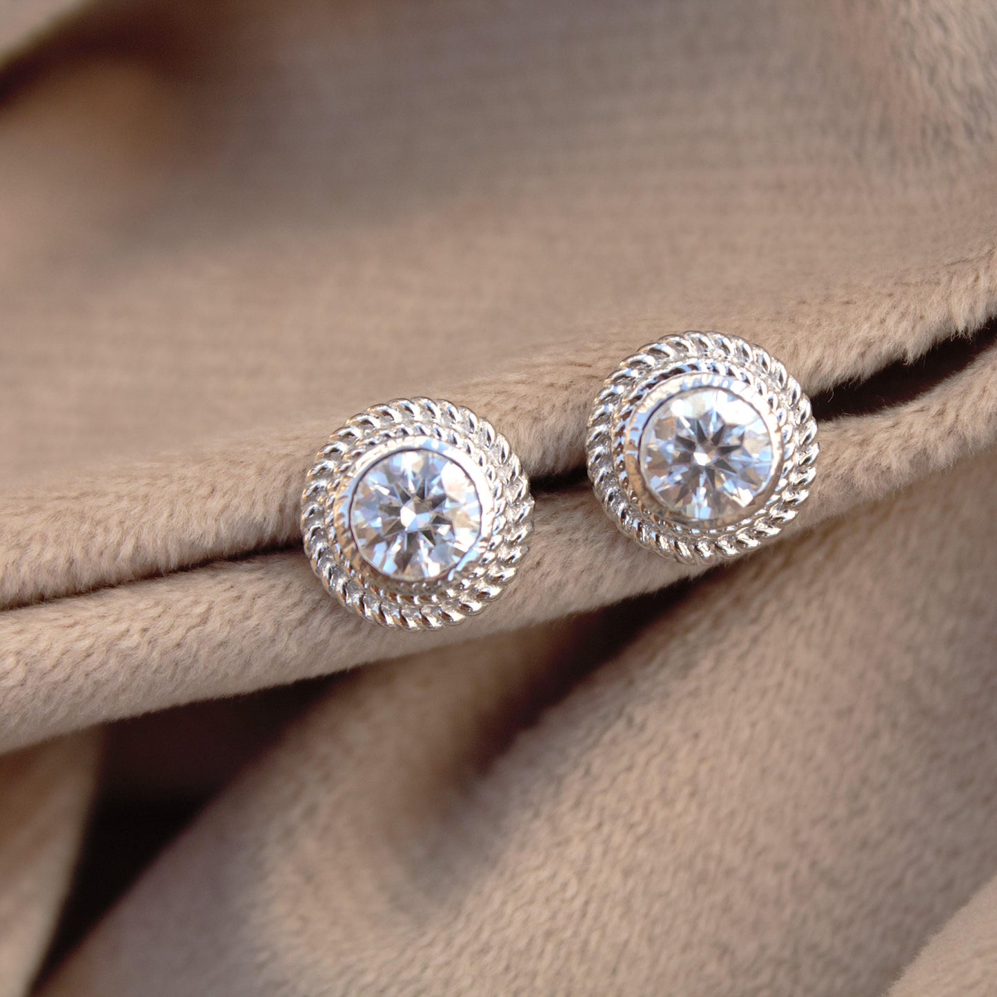 Round Moissanite Bezel Setting Earrings, Push Back Minimalist Silver Earrings, Anniversary Gift for Wife, Designer Solitaire Stud Earrings