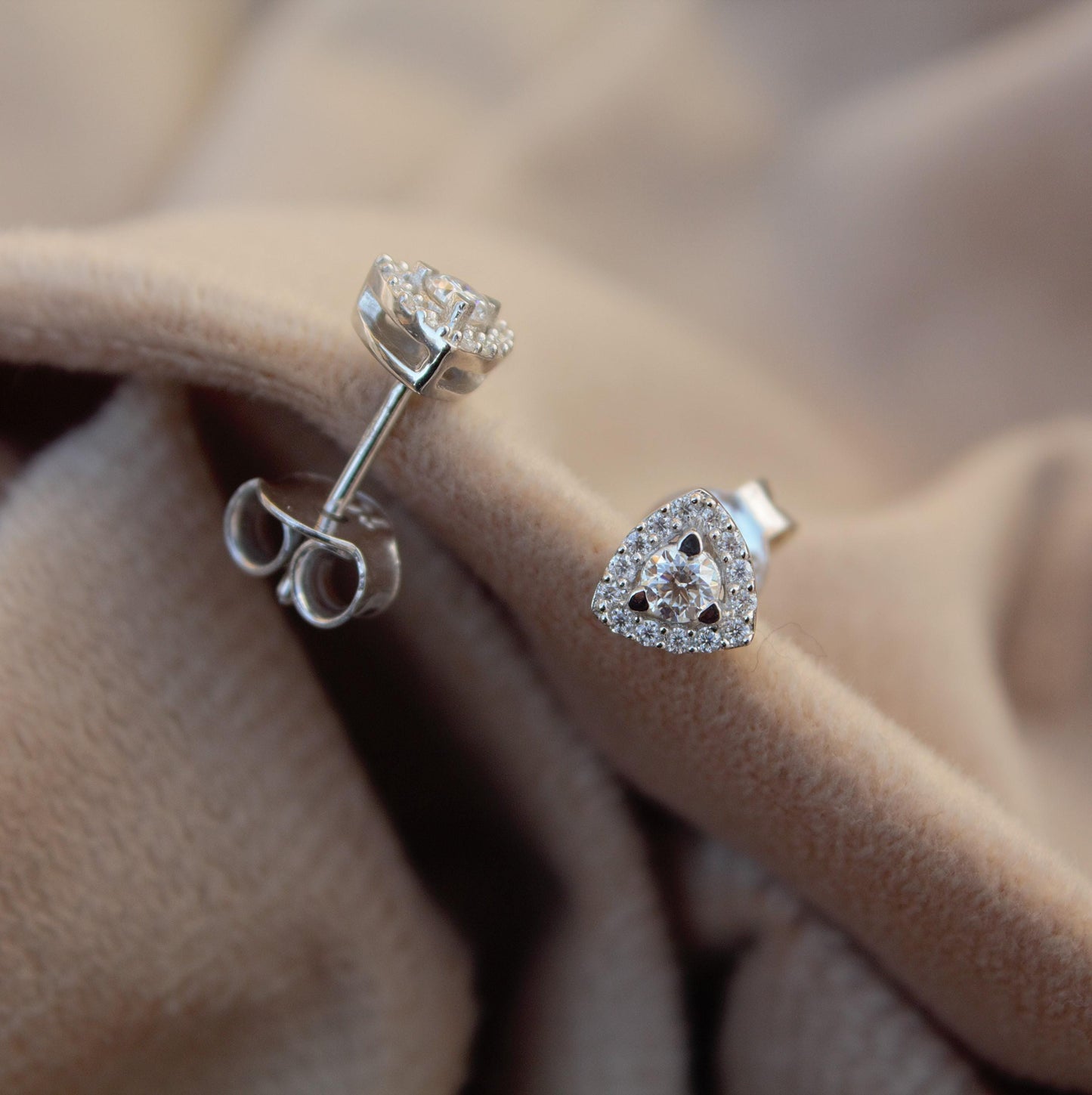 925 Sterling Silver Moissanite Stud Earrings, Trillion Shape Tiny Earrings for Girls, Round Cut Handmade Halo Earrings, Minimalist Studs