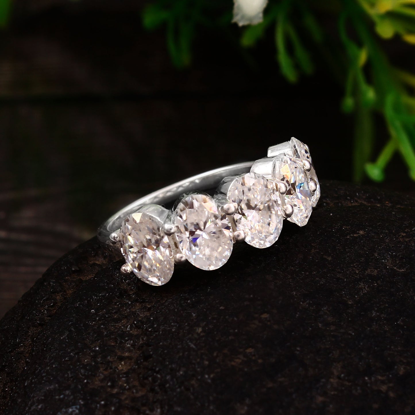 Half Eternity Band Ring, Oval Moissanite Gold Ring, Conflict Free Engagement Ring, Gift For Girlfriend, 5X7 mm Moissanite Jewelry for Her