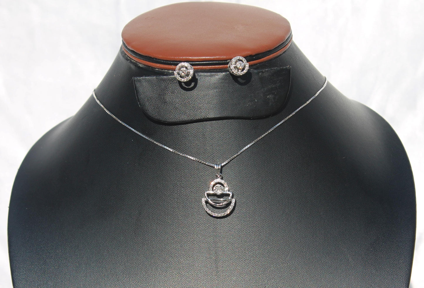 Minimalist Pendant with Chain and Studs, Dainty Real Gold Diamond Necklace & Earrings, 18k Solid White Gold Necklace Earring Combo Set