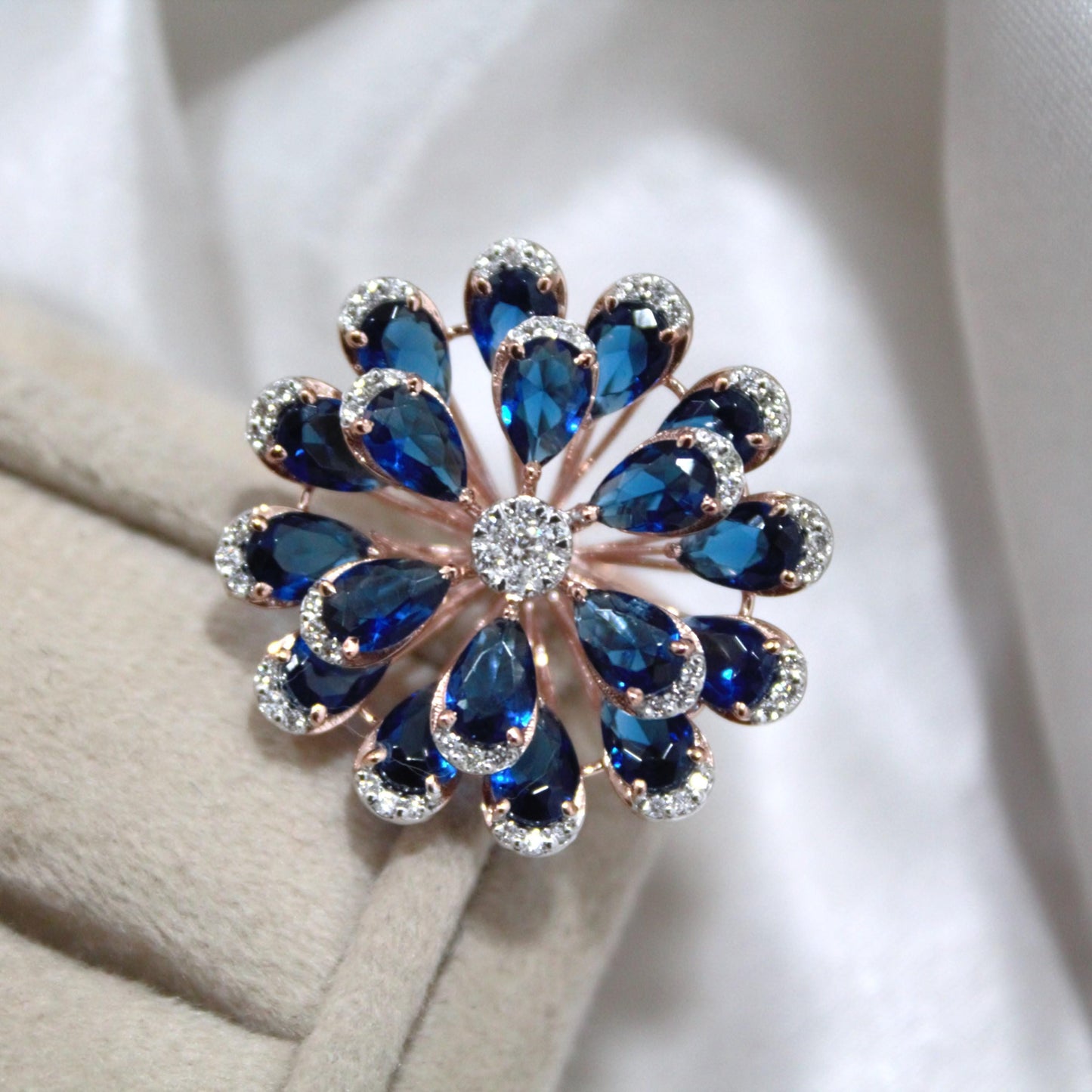 Blue Sapphire & Diamond Flower Ring, Handmade Solid Gold Solitaire Jewelry, Victorian Style Elegant Designer Floral Jewelry for Engagement