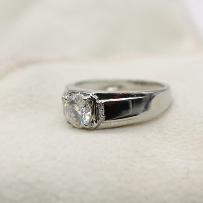 Men's Moissanite Silver Ring, 925 Sterling Silver Ring, VVS Moissanite Engagement Ring, Round Cut Ring, Perfect Anniversary Gift For Him