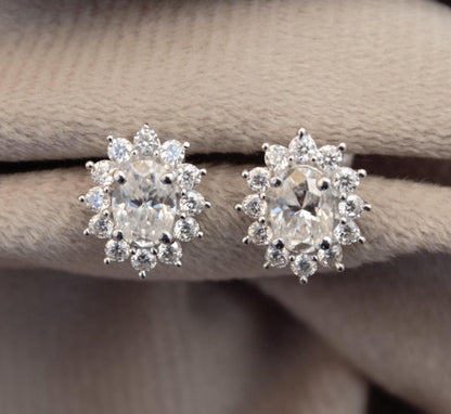 925 Sterling Silver Oval Stud Earrings* Moissanite White Stone Earrings* Handmade Minimalist Earrings for Wedding Gift* Tiny Solitaire Studs