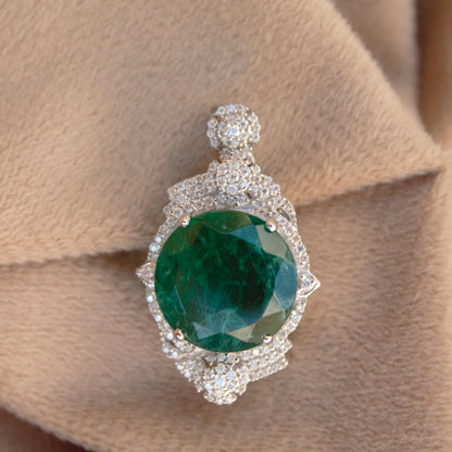 Green Inclusion Emerald With Moissanite Pendant, 4 Prong Setting Silver Pendant, 925 Sterling Silver Delicate Pendant, Birthday Gift for Her