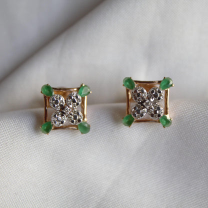 18K Gold Diamond Stud Earrings and Necklace, Charm Handmade Bridal Jewelry Set, Green Emerald Jewelry, Minimalist Wedding Gift for Women