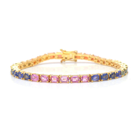 Rainbow Sapphire Tennis Bracelet, Solid Gold Emerald Cut Bracelet, Colorful Dainty Bracelet, Natural Gemstone Jewelry, Bracelet for Women