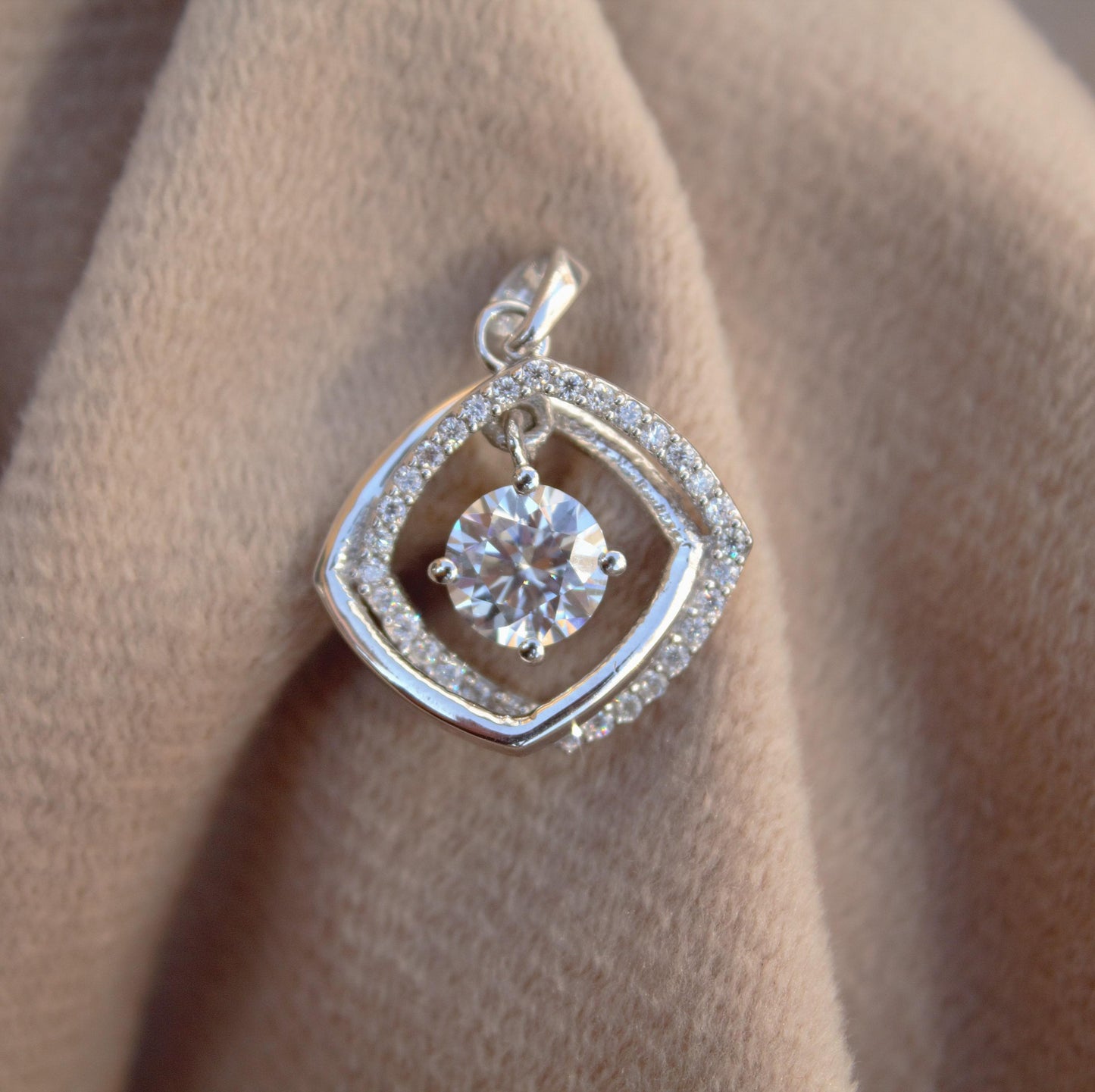 Shiny Moissanite Round Cut Prong Set Pendant, 925 Sterling Silver Pendant for Her, Minimalist Silver Pendant, Silver Charm Dainty Pendant