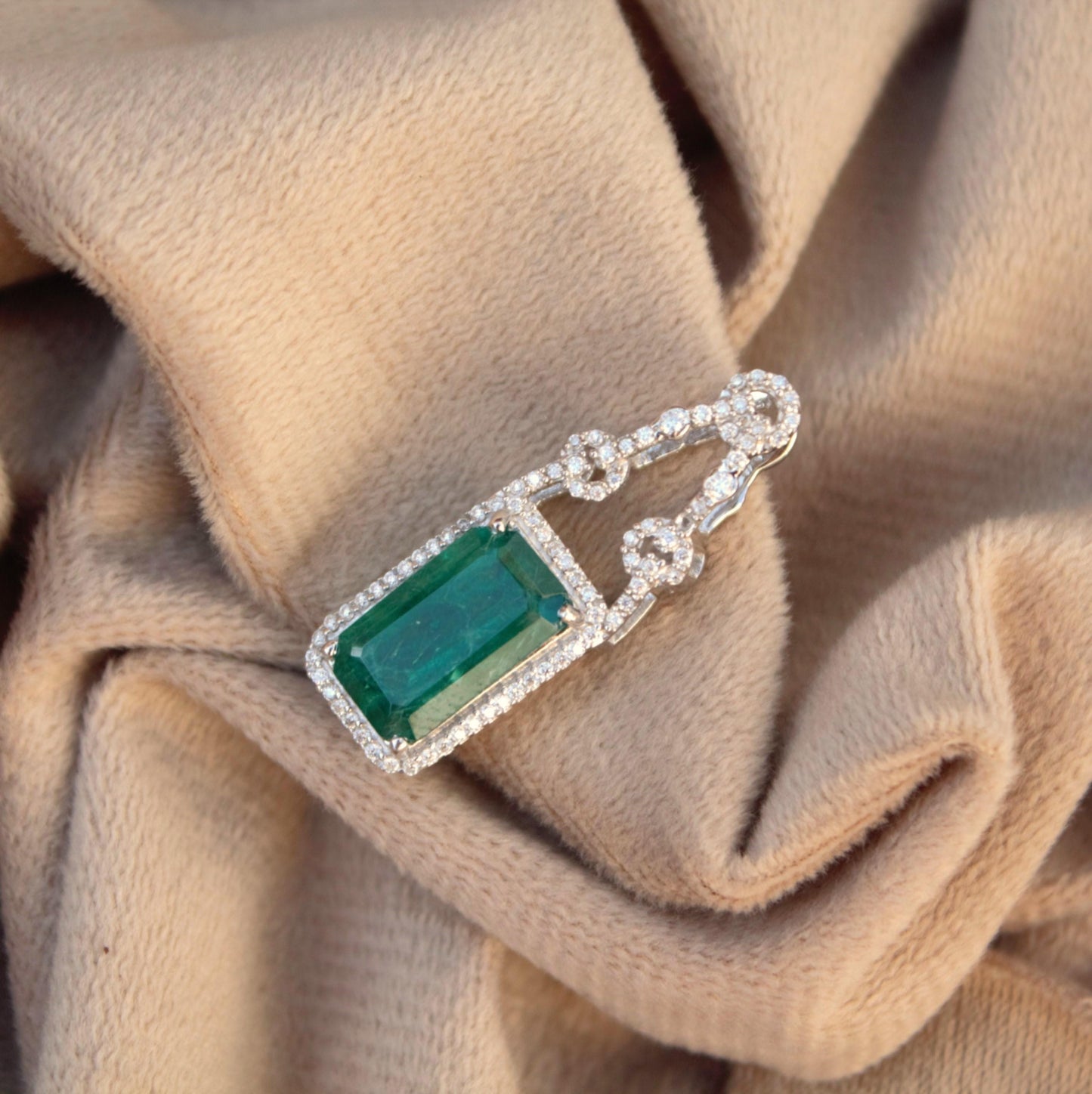 Moissanite & Green Inclusions Emerald Silver Pendant, Statement Pendant For Anniversary Gift, 925 Sterling Silver Emerald Cut Pendant